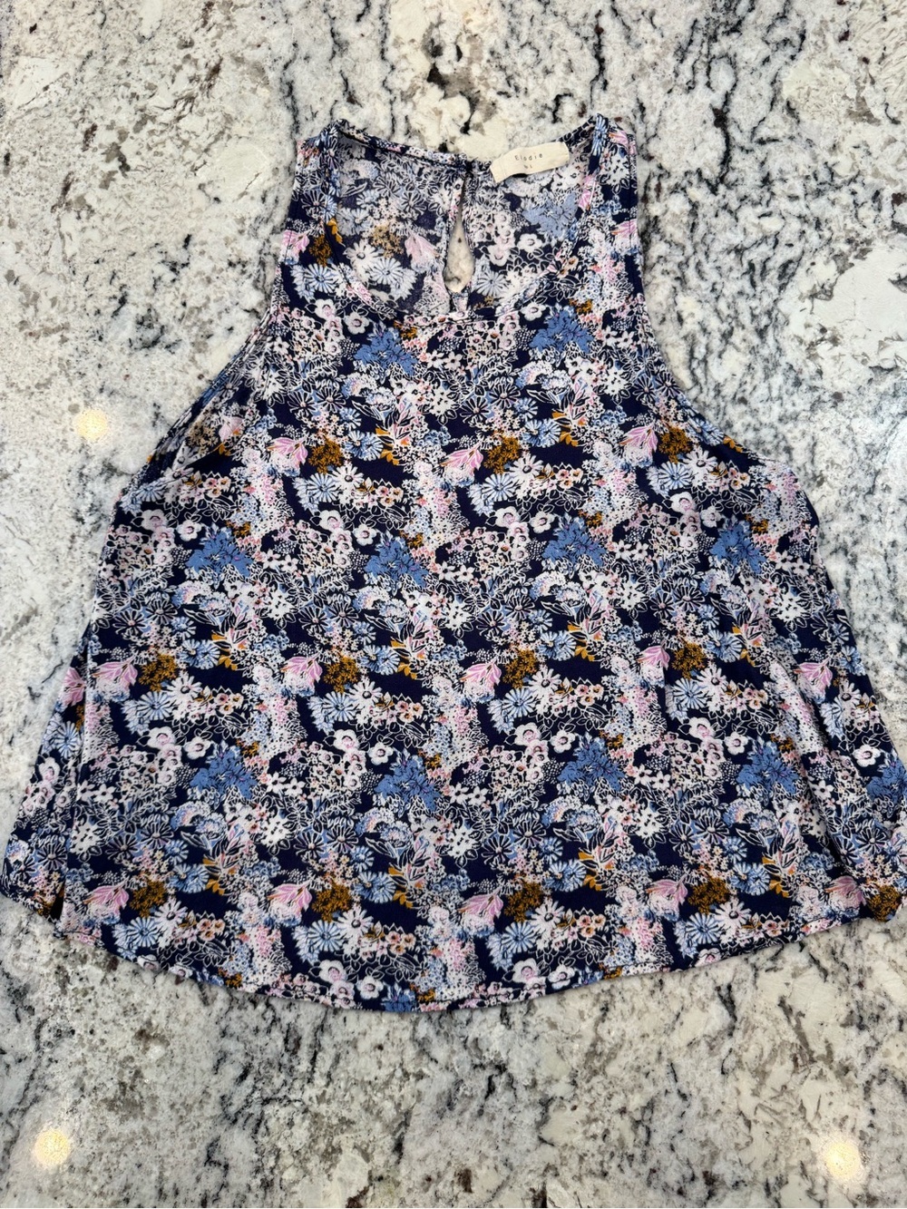 Elodie Floral High Neck Tank Top Navy Blue Rayon Sleeveless Blouse Size Large - Picture 2 of 7